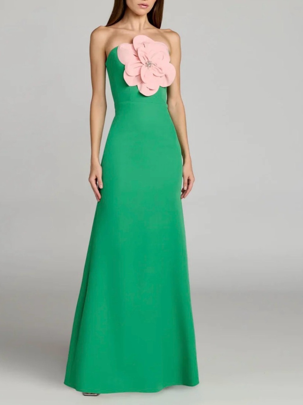 Mac Duggal Emerald Strapless Gown with Pink Floral Applique